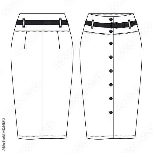 Women Snap Front Belted Pencil Skirt Vector Fashion Flat Sketches. Fashion Technical Illustration Template. Front Snap opening. Back Darts. Contrast Belt