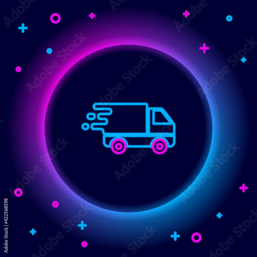 Glowing neon line Delivery truck in movement icon isolated on black background. Fast shipping delivery truck. Colorful outline concept. Vector