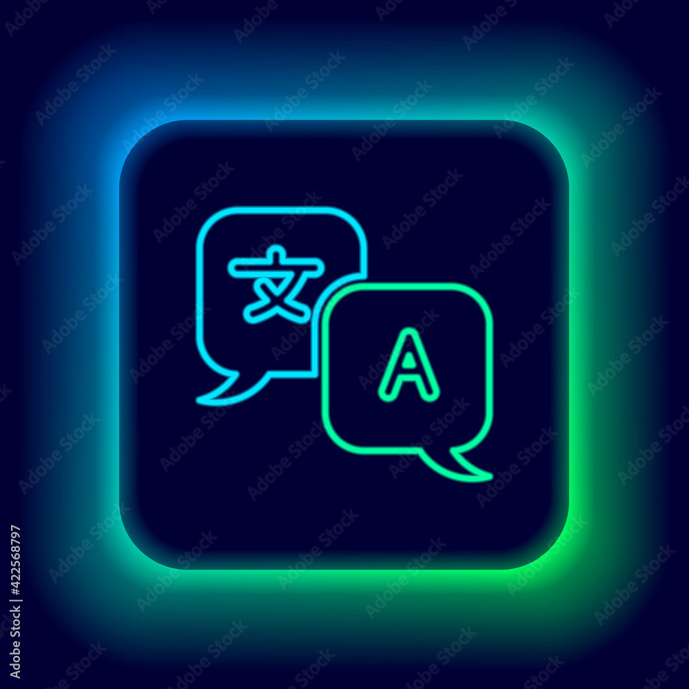 Glowing neon line Translator icon isolated on black background. Foreign language conversation icons in chat speech bubble. Translating concept. Colorful outline concept. Vector Glowing neon line Translator icon isolated on black background. Foreign language conversation icons in chat speech bubble. Translating concept. Colorful outline concept. Vector
