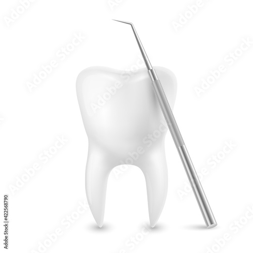 Vector 3d Realistic Tooth and Dental Probe for Teeth Closeup Isolated on White Background. Medical Dentist Tool. Design Template, Clipart, Mockup. Dentistry, Healthcare, Hygiene Concept