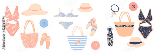 Vector summer items. Women's beach elements. Swimwear, beach bags, straw hats, flip flops, bottle, bracelet. Collection of 3 sets. Flat style