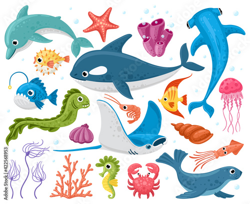 Ocean animals. Cartoon marine wildlife creatures, orca, stingray, crab and dolphin. Cute sea animals characters vector illustration set
