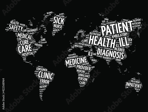 Patient word cloud in shape of world map, health concept background