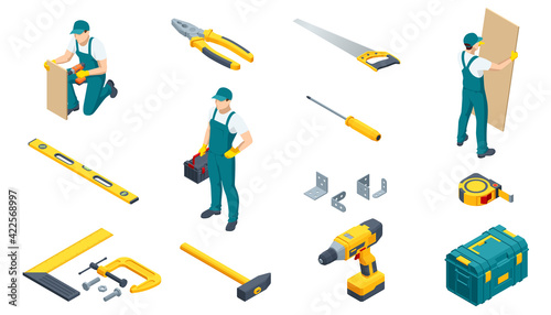 Large set of construction tools. Drill, hammer, hacksaw, tape measure, nippers, pliers, wrench, stapler, roller and repairman or mechanic with a toolbox. Icon set.