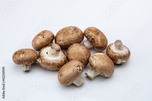 Schräg von oben: Braune Champignons / Pilze auf einem weißen Hintergrund