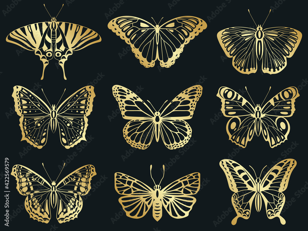 Naklejka Złote motyle. Błyszczące złote ozdobne motyle sylwetki, piękne owady skrzydła wektor zestaw ikon ilustracji. Abstrakcyjne złote motyle