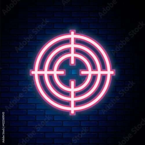 Glowing neon line Target sport for shooting competition icon isolated on brick wall background. Clean target with numbers for shooting range or shooting. Colorful outline concept. Vector