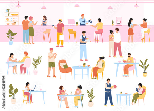 Characters in food court. People eating meal in cafe buffet, men and women have lunch together. Eating characters in cafeteria interior vector illustration set