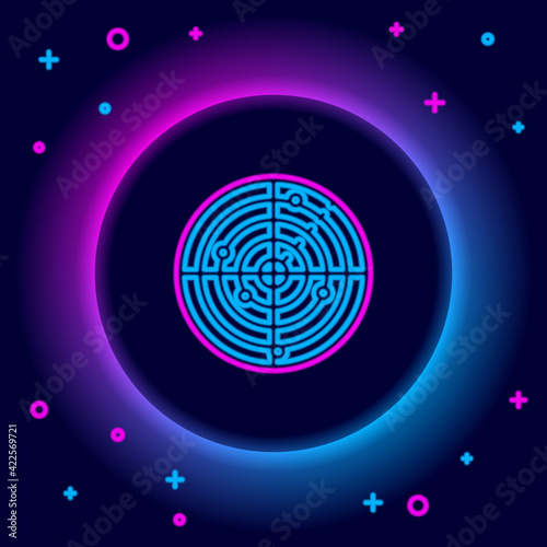 Glowing neon line Radar with targets on monitor in searching icon isolated on black background. Military search system. Navy sonar. Colorful outline concept. Vector