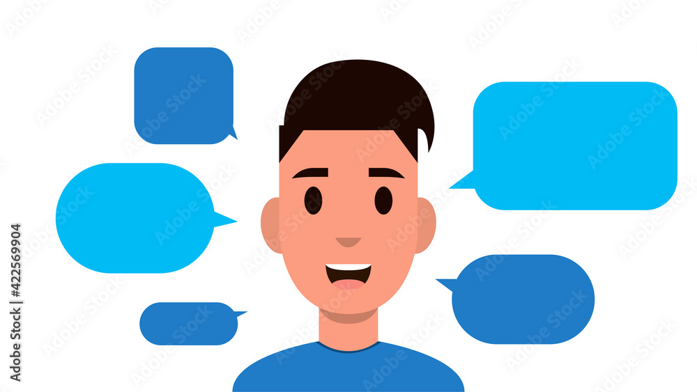 Young man with speech bubbles isolated on white background. Conversation or message concept. Flat style. Vector illustration Young man with speech bubbles isolated on white background. Conversation or message concept. Flat style. Vector illustration