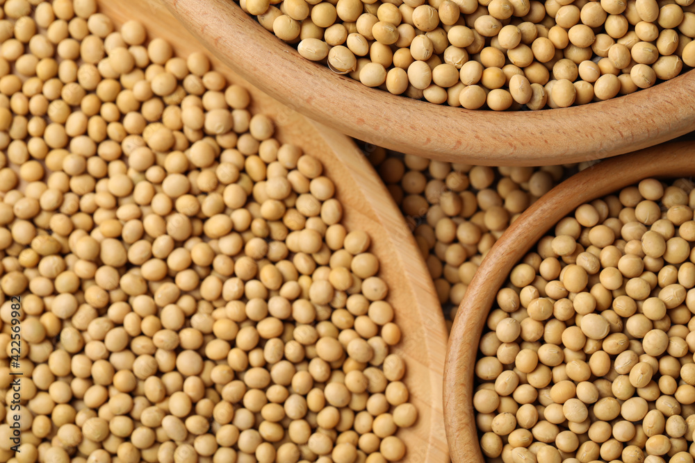 Obraz premium Natural soy beans in bowls as background, top view