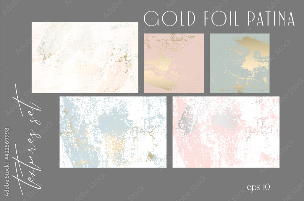 chic gold foil patina worn marble texture set. Pastel rustic vector abstract torn paper or wall backgrounds 