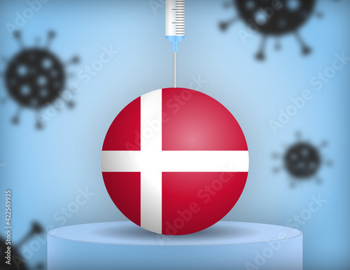 Syringe injecting vaccine into a sphere with the flag of Denmark, on a podium with virus particles in the background. Vector illustration.  photo