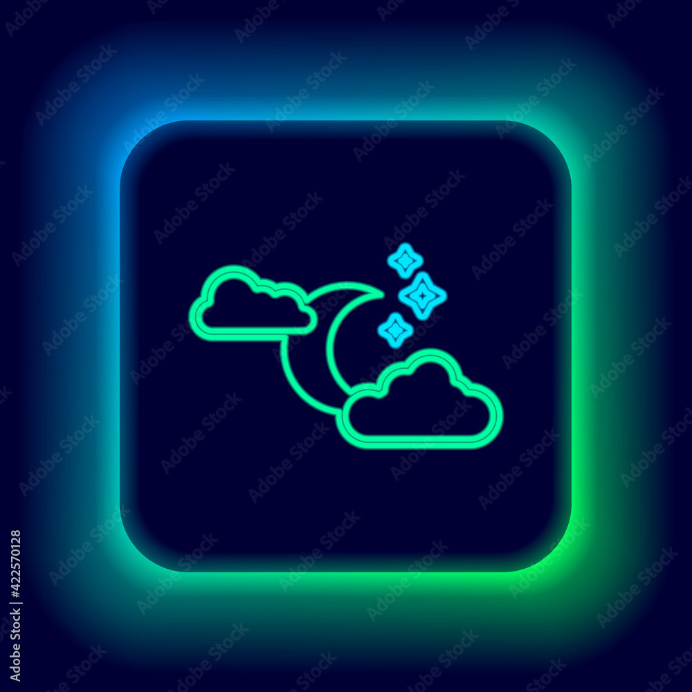 Glowing neon line Cloud with moon and stars icon isolated on black background. Cloudy night sign. Sleep dreams symbol. Night or bed time sign. Colorful outline concept. Vector Glowing neon line Cloud with moon and stars icon isolated on black background. Cloudy night sign. Sleep dreams symbol. Night or bed time sign. Colorful outline concept. Vector