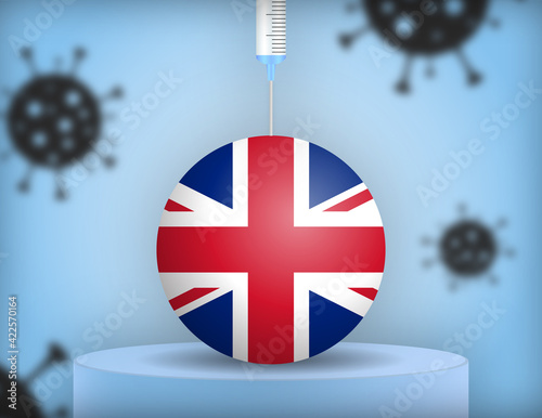 Syringe injecting vaccine into a sphere with the flag of the UK, on a podium with virus particles in the background. Vector illustration. 