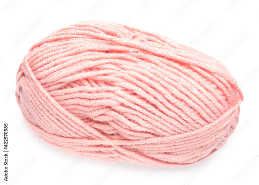 Pink woolen yarn isolated on white, top view Pink woolen yarn isolated on white, top view