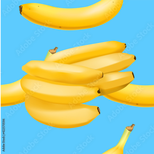 Trendy seamless pattern with realistic banana bunch. Vector realistic illustration