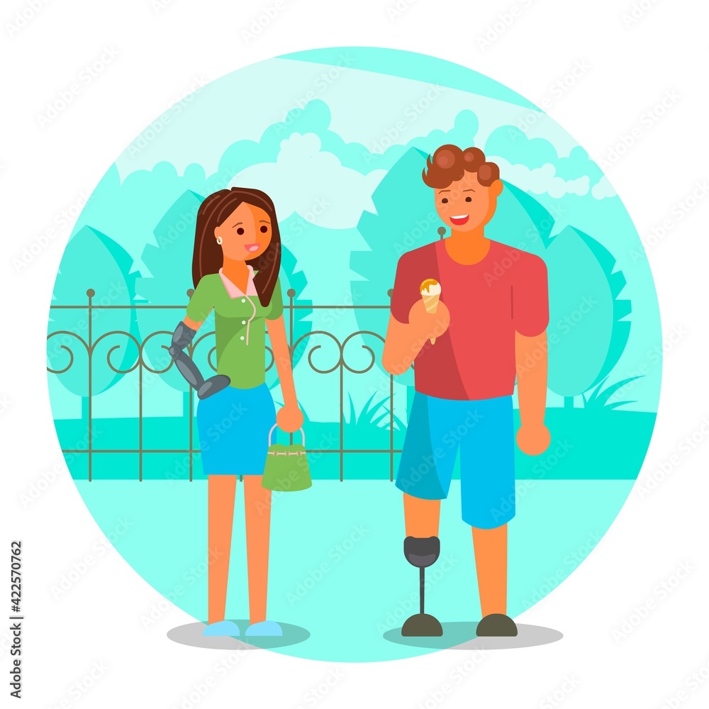 Couple with leg and arm prosthetics, flat vector illustration. Disabled people lifestyle, relationship, romantic date. Couple with leg and arm prosthetics, flat vector illustration. Disabled people lifestyle, relationship, romantic date.