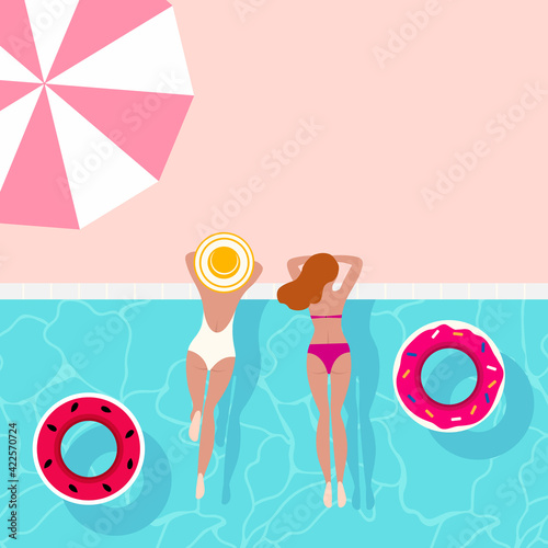 Swimming pool. Summer, holiday background design with pool, umbrella and swimmer girls, round floating rings