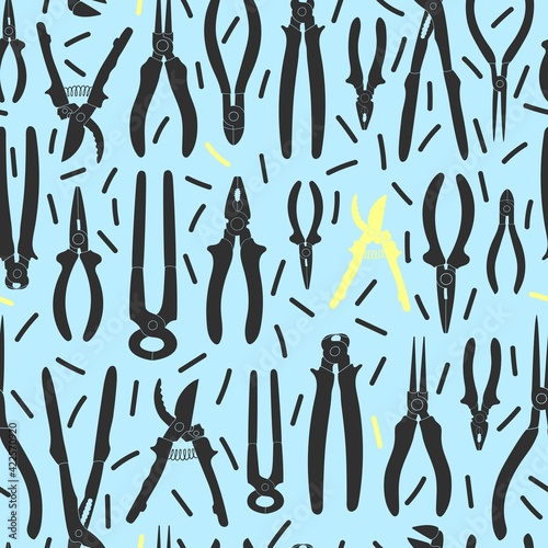 Seamless Tools pattern. Pliers, pump, long-nose, flush cutter, cutting, insulated, electronic. Vector illustration. Equipment shop decoration. Paper and textile design. Workshop, fixing.