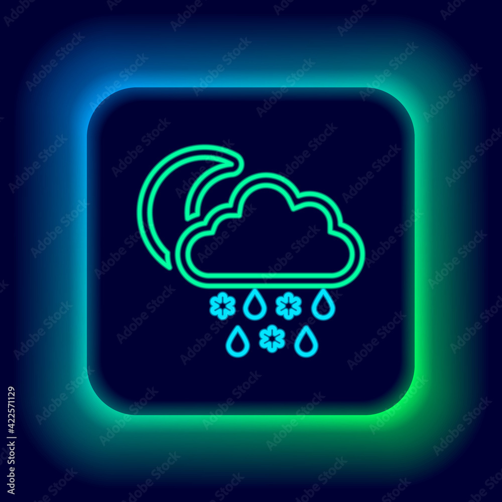 Glowing neon line Cloud with snow, rain and moon icon isolated on black background. Weather icon. Colorful outline concept. Vector Glowing neon line Cloud with snow, rain and moon icon isolated on black background. Weather icon. Colorful outline concept. Vector