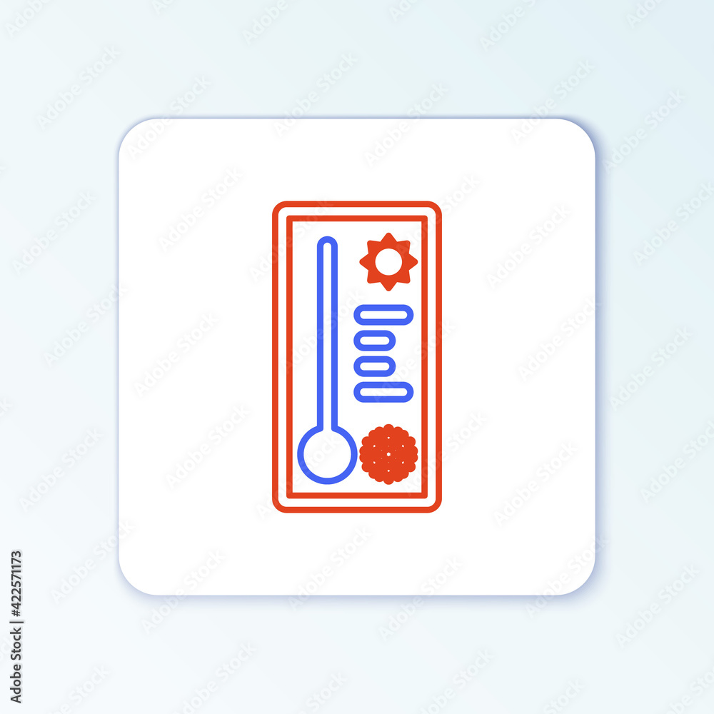 Line Meteorology thermometer measuring heat and cold icon isolated on white background. Thermometer equipment showing hot or cold weather. Colorful outline concept. Vector Line Meteorology thermometer measuring heat and cold icon isolated on white background. Thermometer equipment showing hot or cold weather. Colorful outline concept. Vector