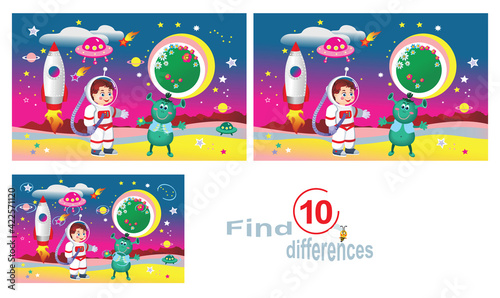 On an unknown planet, an astronaut and an alien meet. Find 10 differences, a children's educational game.