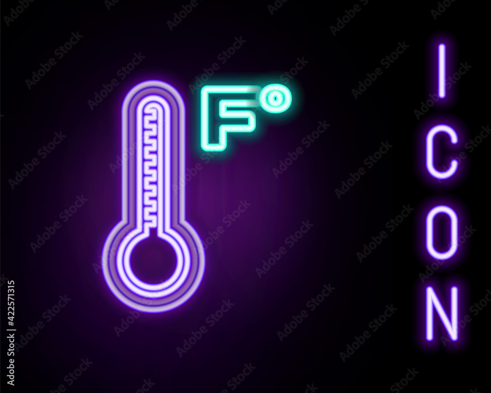 Glowing neon line Meteorology thermometer measuring heat and cold icon isolated on black background. Temperature Fahrenheit. Colorful outline concept. Vector Glowing neon line Meteorology thermometer measuring heat and cold icon isolated on black background. Temperature Fahrenheit. Colorful outline concept. Vector