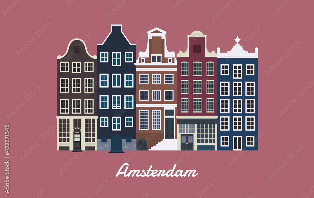 Amsterdam houses. Netherlands. Cute buildings exterior. Vector