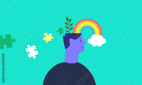 Psychotherapy concept. Mental health. Happy man. Vector