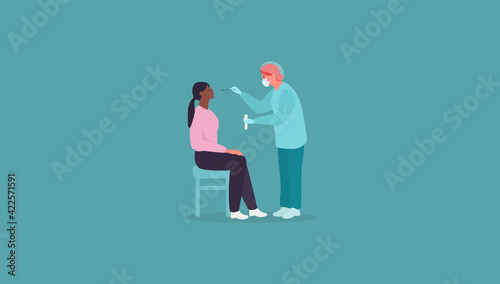 Corona test swab. Woman receiving Coronavirus, Covid-19 test. Nazal swab. Vector