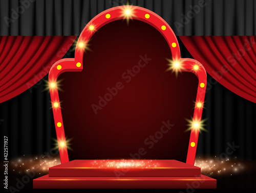 Background with red curtain, podium and retro arch banner. Design for presentation, concert, show