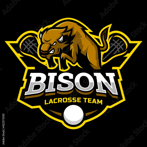 bison mascot for a lacrosse team logo. school, college or league. Vector illustration.