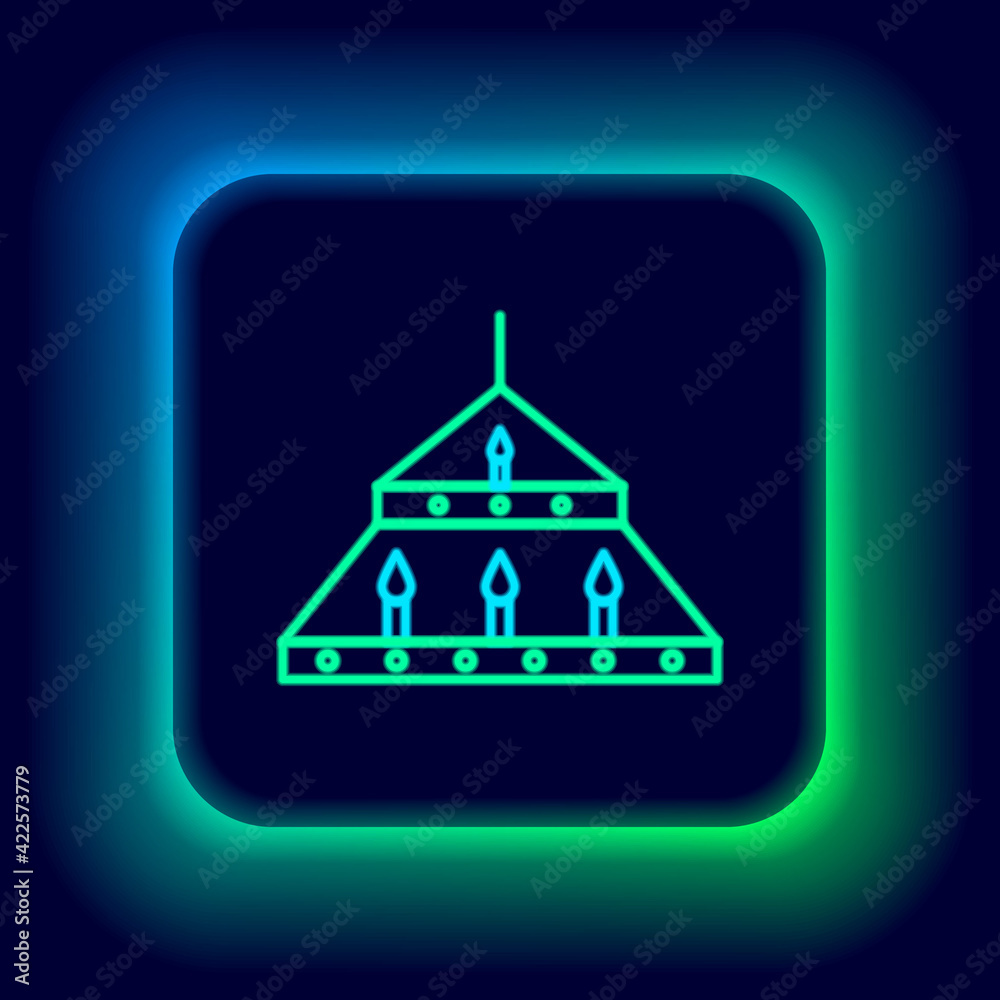 Glowing neon line Massive steel chandelier with candles in medieval icon isolated on black background. Colorful outline concept. Vector