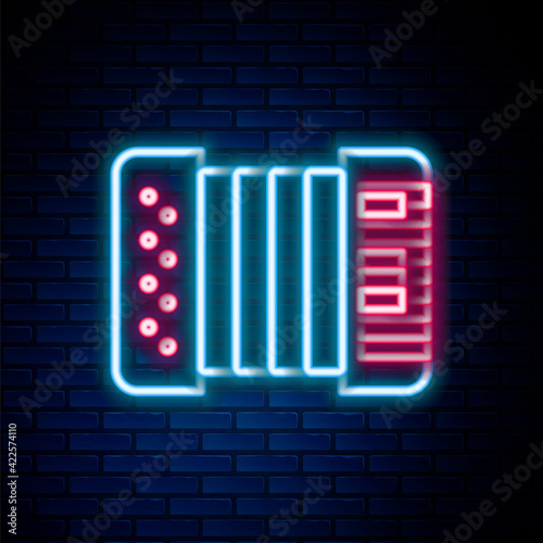 Glowing neon line Musical instrument accordion icon isolated on brick wall background. Classical bayan, harmonic. Colorful outline concept. Vector