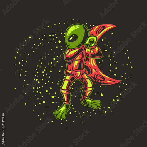 t shirt design playing baseball on a crescent moon background aliens illustration