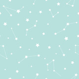 Seamless pattern with white constellations and stars on powder blue background.