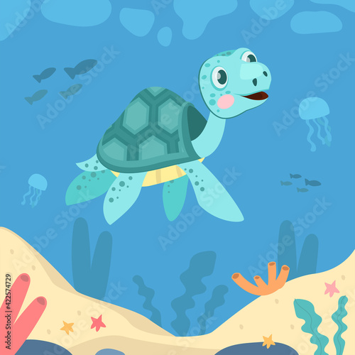Cute turtle swimming in ocean and smiling. Jellyfish, coral, sea flat vector illustration. Animals and underwater wildlife concept for banner, website design or landing web page