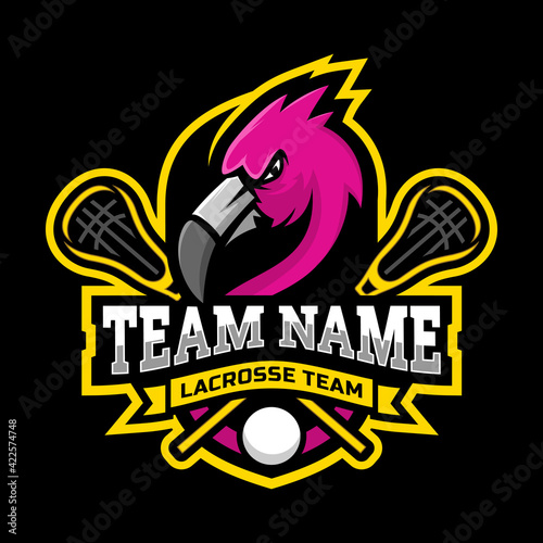 Flamingo mascot for a lacrosse team logo. Vector illustration.