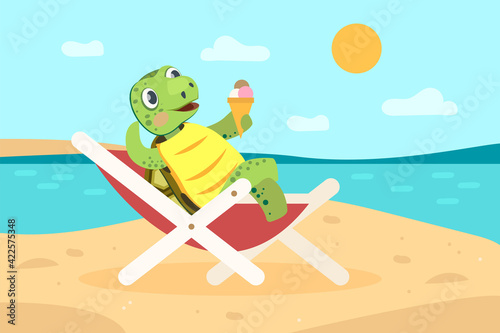 Happy turtle relaxing on sea beach with ice cream. Deckchair, vacation, sun flat vector illustration. Animals and summer activity concept for banner, website design or landing web page
