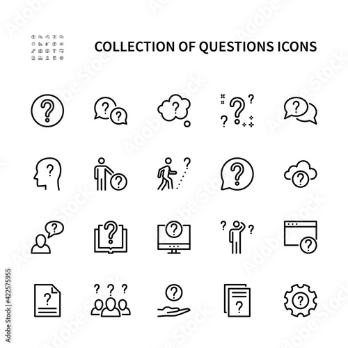 Ask questions vector linear icons set. Collection of questions for websites and mobile. Vector symbols set.