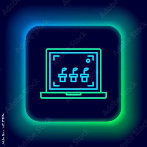 Glowing neon line Smart farming technology - farm automation system icon isolated on black background. Colorful outline concept. Vector