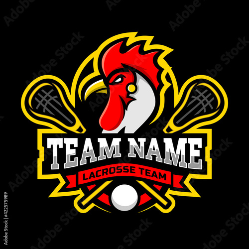 Roosters mascot for a lacrosse team logo. Vector illustration.