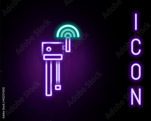 Glowing neon line Router and wi-fi signal symbol icon isolated on black background. Wireless ethernet modem router. Computer technology internet. Colorful outline concept. Vector