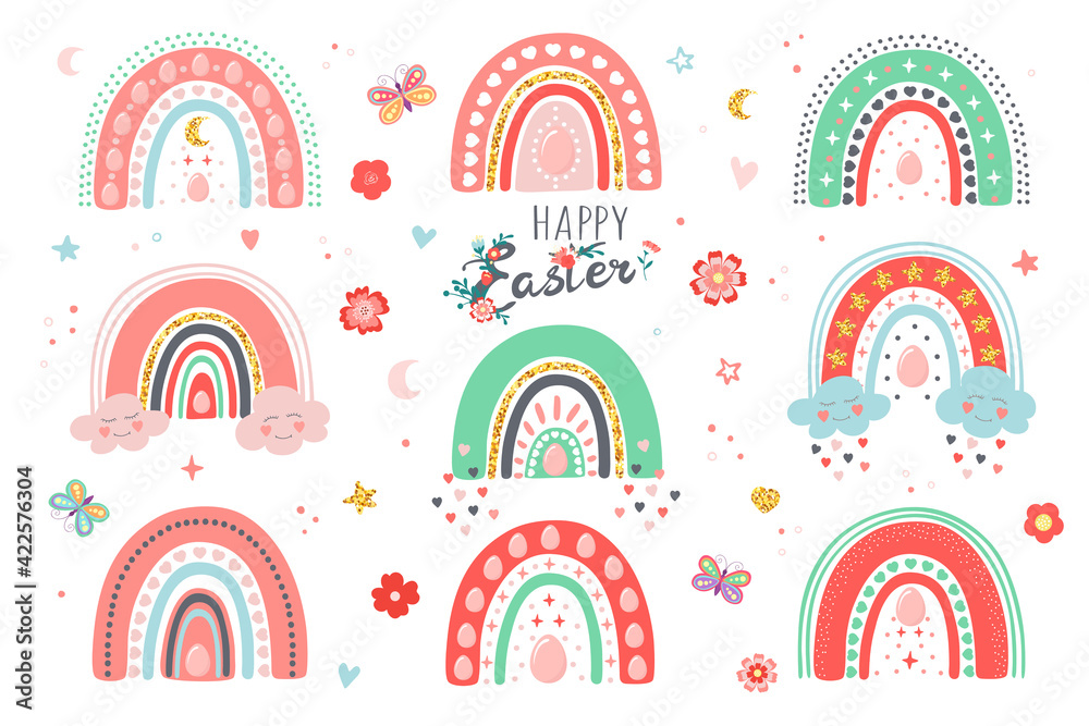 Easter hand drawn set of different rainbows with eggs, hearts, clouds, stars, moon, flowers, leaves, butterfly. Cute pastel collection isolated on white background. Adorable vector doodle illustration Easter hand drawn set of different rainbows with eggs, hearts, clouds, stars, moon, flowers, leaves, butterfly. Cute pastel collection isolated on white background. Adorable vector doodle illustration