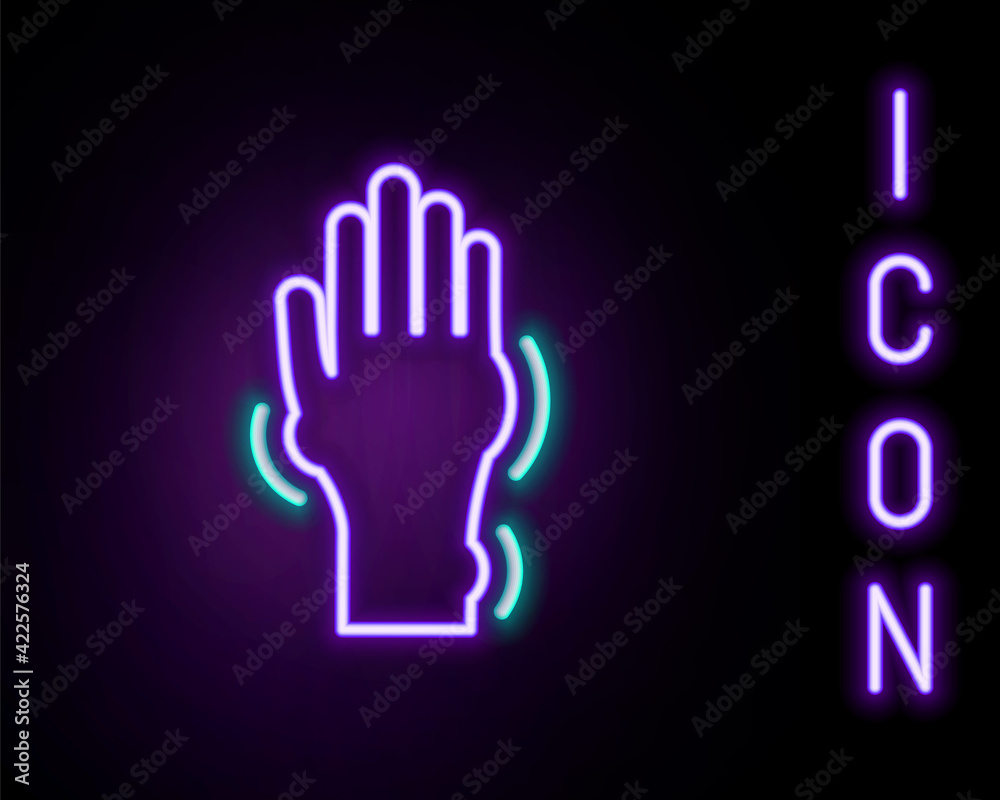 Glowing neon line Hand with psoriasis or eczema icon isolated on black background. Concept of human skin response to allergen or chronic body problem. Colorful outline concept. Vector Glowing neon line Hand with psoriasis or eczema icon isolated on black background. Concept of human skin response to allergen or chronic body problem. Colorful outline concept. Vector