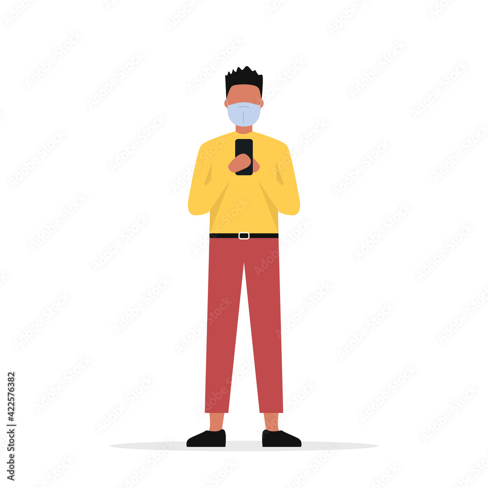 A man in a medical mask in his hands with a smartphone. Coronavirus and social media. Vector illustration. Flat style