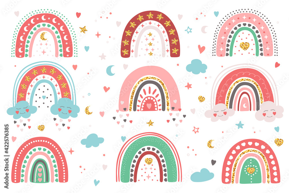 Hand drawn set of different rainbows with hearts, clouds, stars, moon. Cute pastel collection isolated on white background. Adorable vector doodle illustration for Birthday, Valentine's Day, baby room Hand drawn set of different rainbows with hearts, clouds, stars, moon. Cute pastel collection isolated on white background. Adorable vector doodle illustration for Birthday, Valentine's Day, baby room
