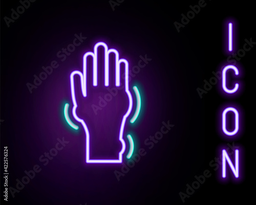 Glowing neon line Hand with psoriasis or eczema icon isolated on black background. Concept of human skin response to allergen or chronic body problem. Colorful outline concept. Vector