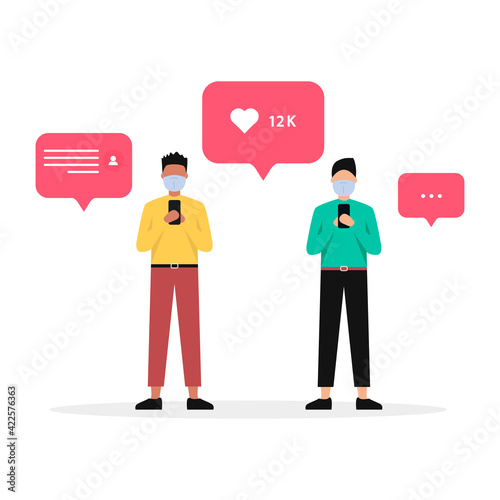 Men in medical masks in hands with smartphones. Coronavirus and social media. Vector illustration. Flat style